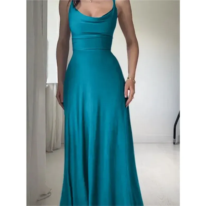 2023 New Europe and America Cross Border  Summer Solid Color round Neck Pleated Sling Waist Sexy Dress Long Dress