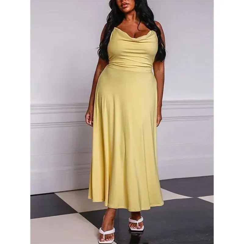 2023 New Europe and America Cross Border  Summer Solid Color round Neck Pleated Sling Waist Sexy Dress Long Dress