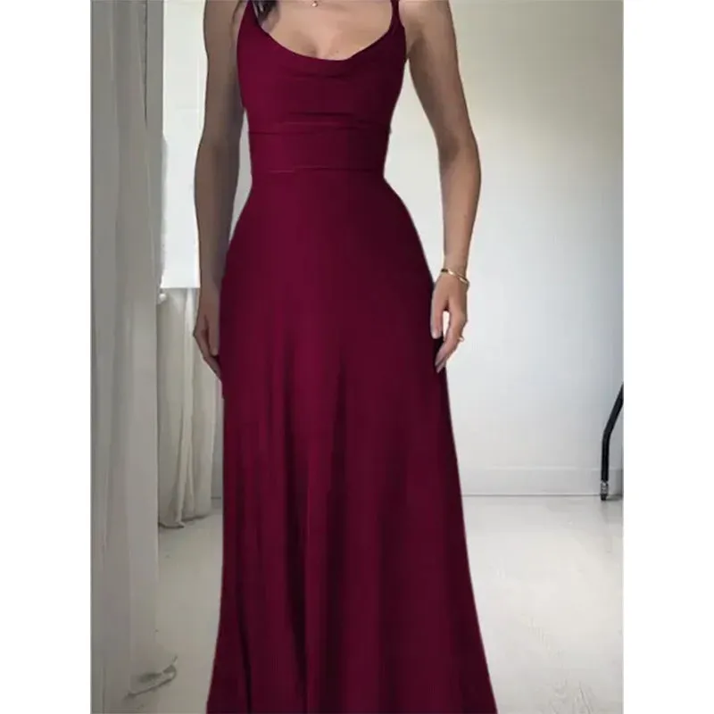 2023 New Europe and America Cross Border  Summer Solid Color round Neck Pleated Sling Waist Sexy Dress Long Dress