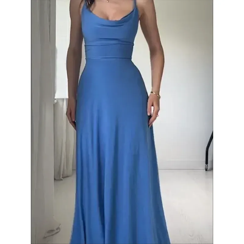 2023 New Europe and America Cross Border  Summer Solid Color round Neck Pleated Sling Waist Sexy Dress Long Dress