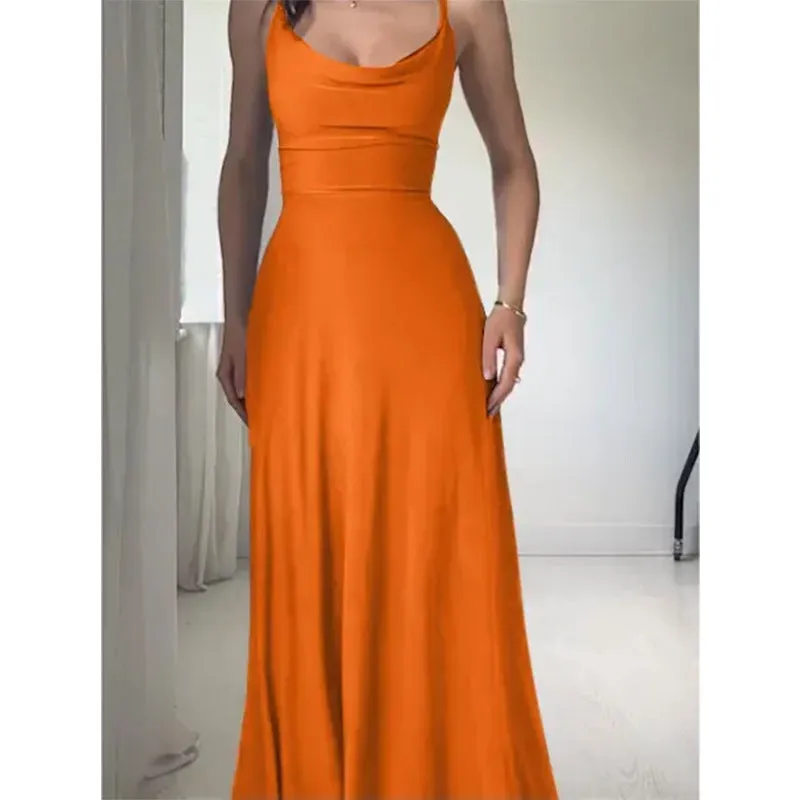 2023 New Europe and America Cross Border  Summer Solid Color round Neck Pleated Sling Waist Sexy Dress Long Dress