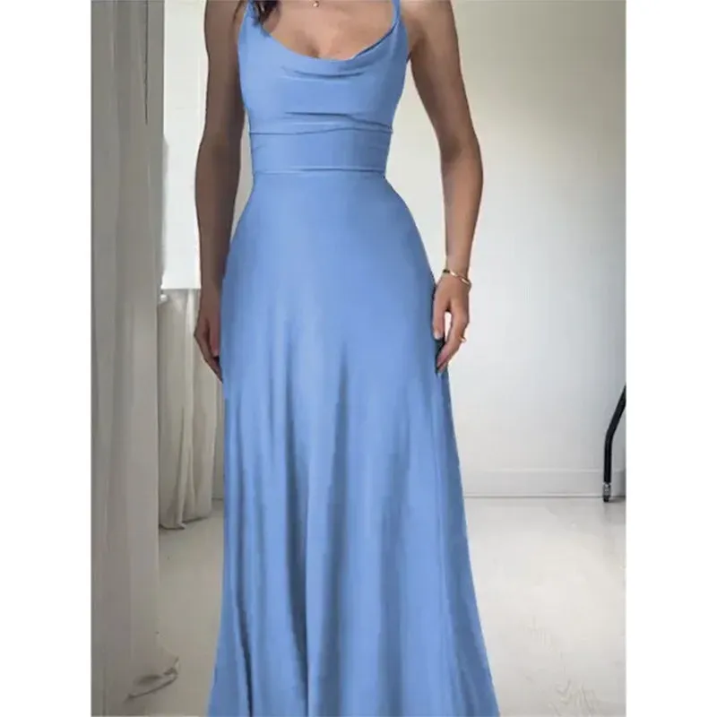 2023 New Europe and America Cross Border  Summer Solid Color round Neck Pleated Sling Waist Sexy Dress Long Dress