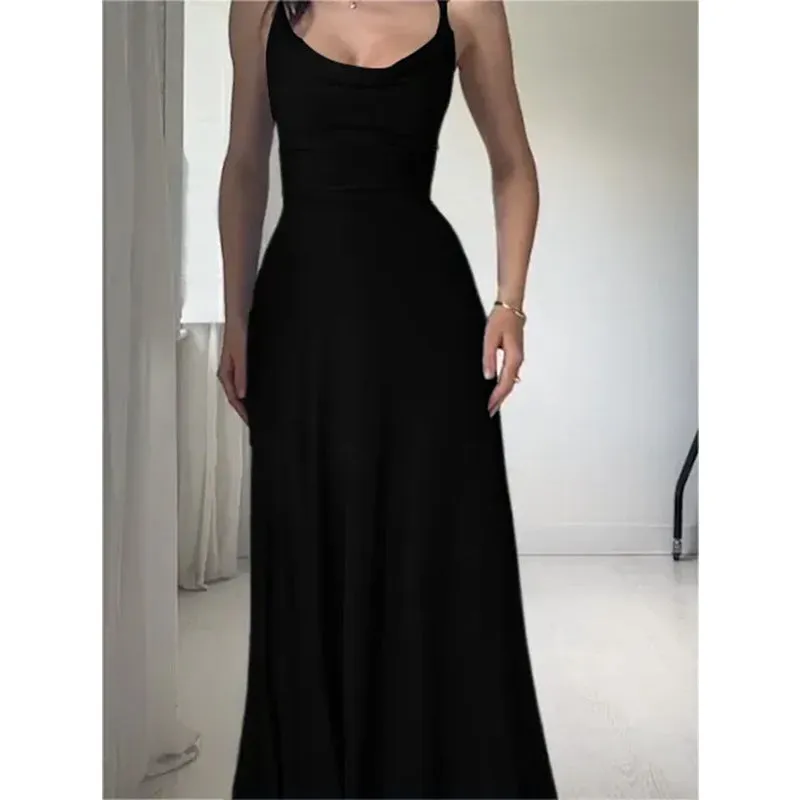 2023 New Europe and America Cross Border  Summer Solid Color round Neck Pleated Sling Waist Sexy Dress Long Dress