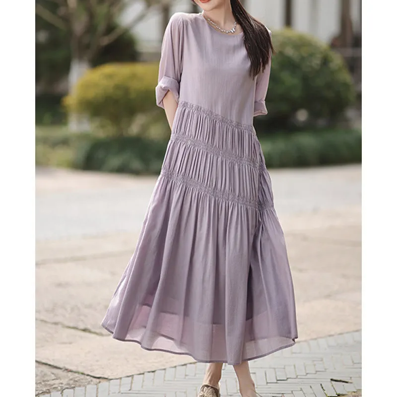 2025 Mist acetic acid pleated skirt, high-end light medium and long dress, four-season green women's clothing spring and summer purple