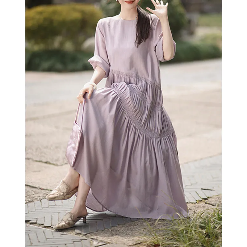 2025 Mist acetic acid pleated skirt, high-end light medium and long dress, four-season green women's clothing spring and summer purple