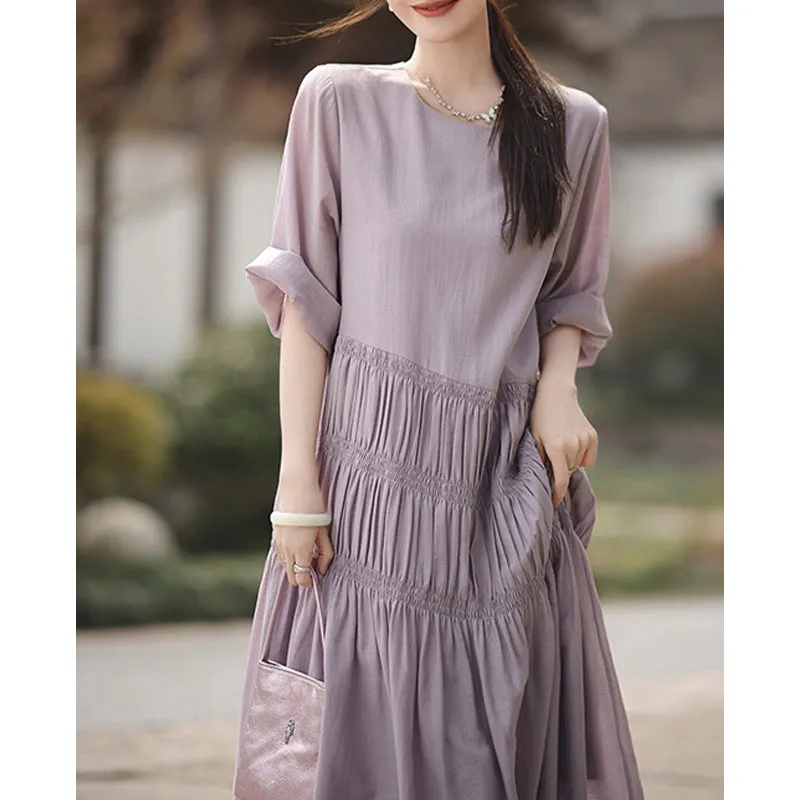 2025 Mist acetic acid pleated skirt, high-end light medium and long dress, four-season green women's clothing spring and summer purple