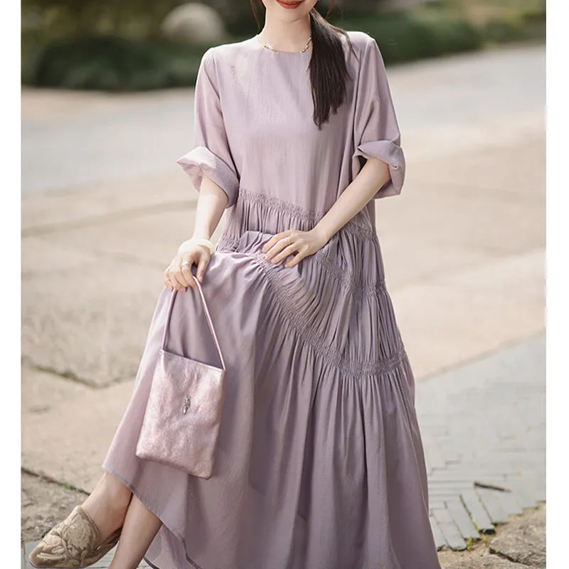 2025 Mist acetic acid pleated skirt, high-end light medium and long dress, four-season green women's clothing spring and summer purple