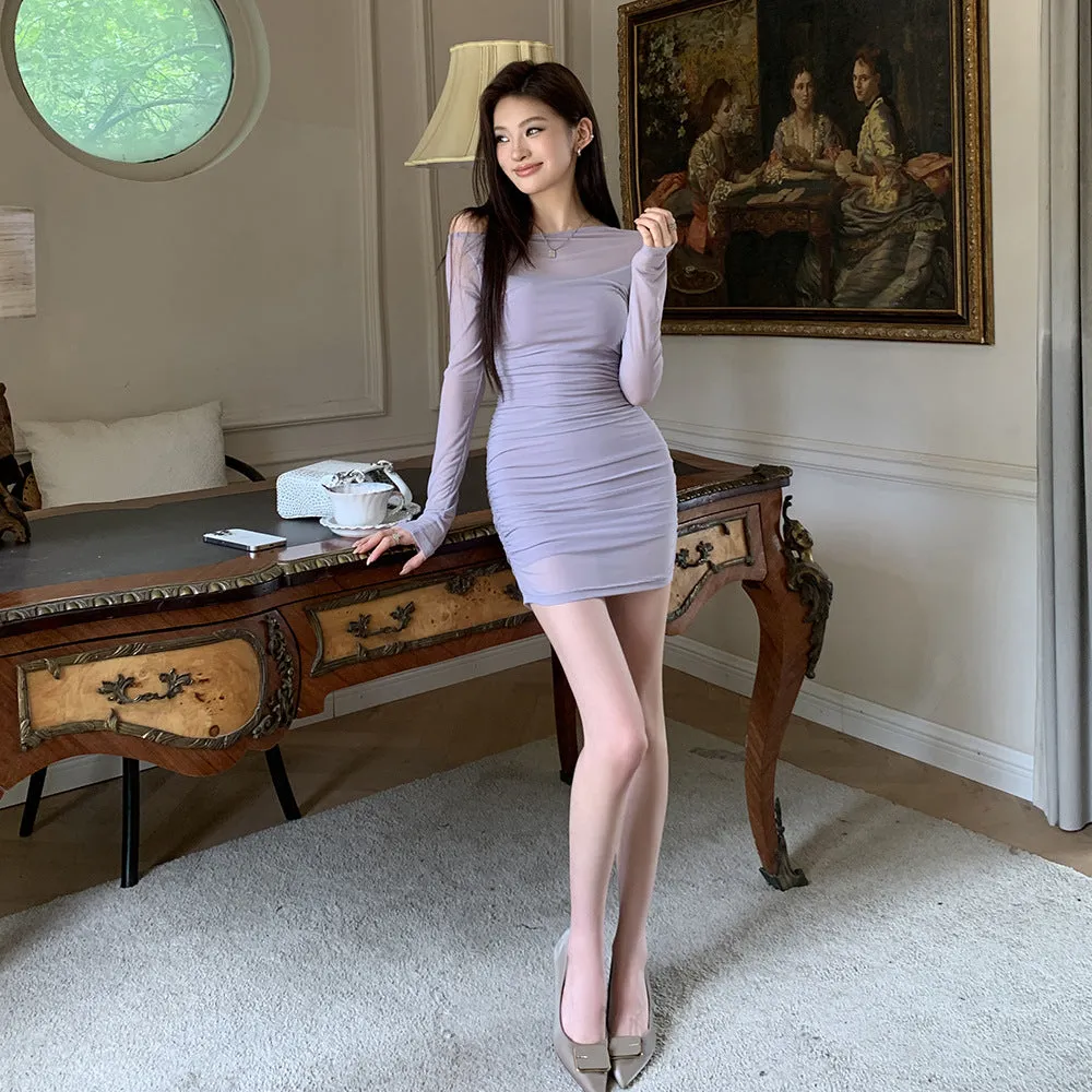 2025 Pure desire temperament pleated slim fit purple mesh long-sleeved dress women's inner sexy diagonal neck off-the-shoulder hip-wrapped short skirt