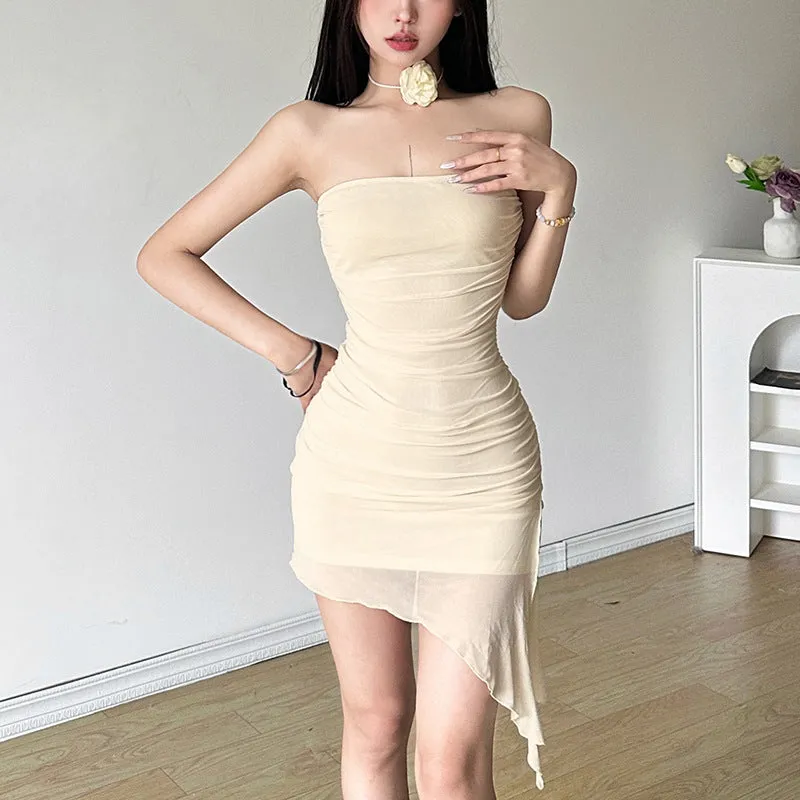 2025 style popular summer new women's clothing pure desire style sexy off-the-shoulder chest-wrapping pleated hip-wrapping dress