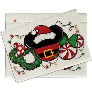 4pcs, Christmas Cartoon Mouse Santa Placemats Set of 4, Xmas Wreath Peppermint Candy Dining Place Mats Table Decor, Funny Holiday Home Kitchen Decoration 12 x 18 Inch