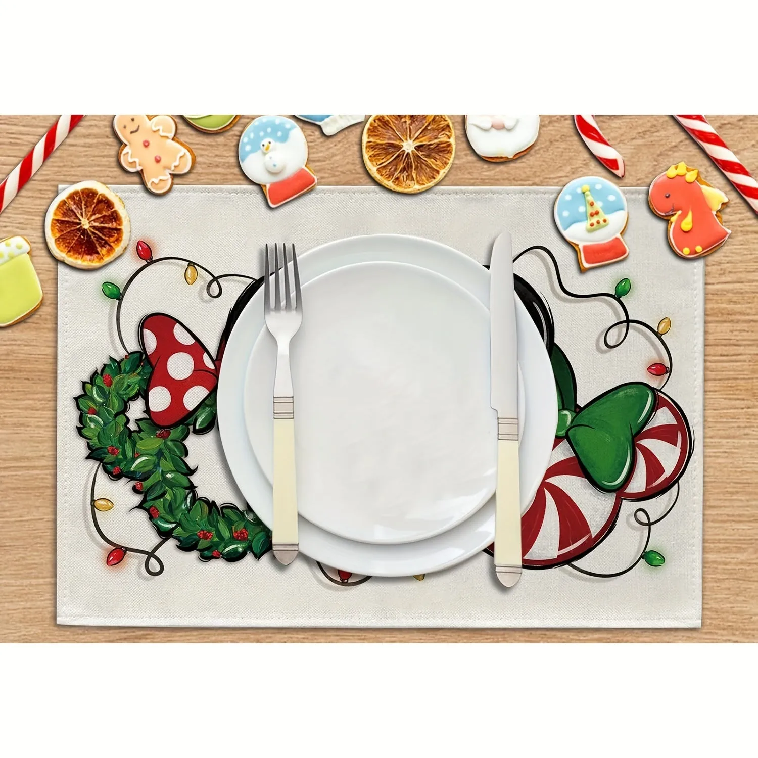 4pcs, Christmas Cartoon Mouse Santa Placemats Set of 4, Xmas Wreath Peppermint Candy Dining Place Mats Table Decor, Funny Holiday Home Kitchen Decoration 12 x 18 Inch