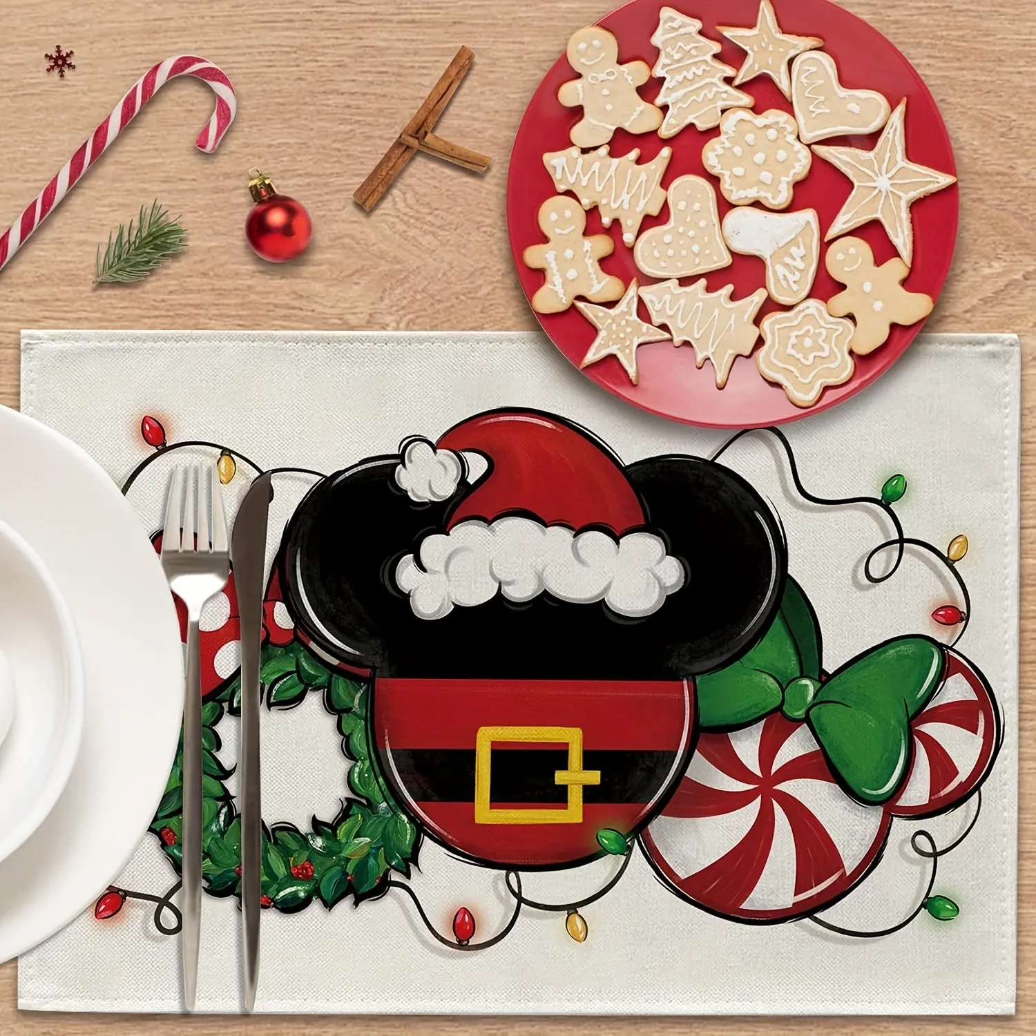 4pcs, Christmas Cartoon Mouse Santa Placemats Set of 4, Xmas Wreath Peppermint Candy Dining Place Mats Table Decor, Funny Holiday Home Kitchen Decoration 12 x 18 Inch