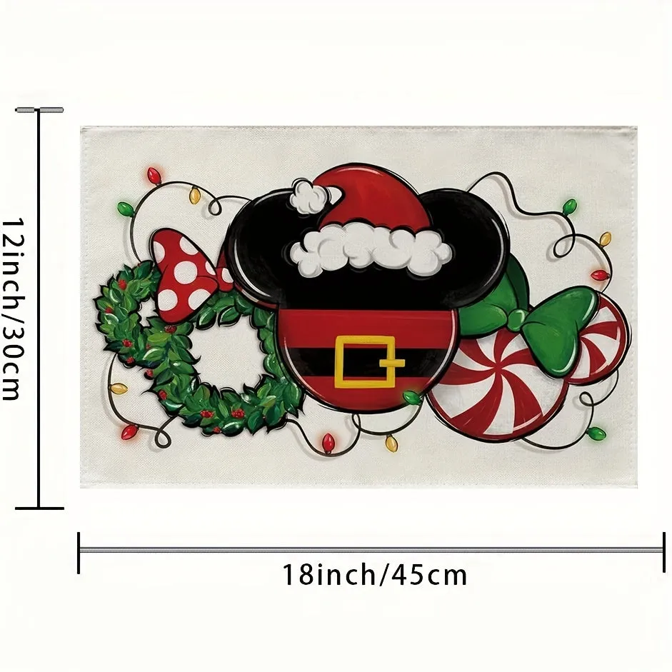 4pcs, Christmas Cartoon Mouse Santa Placemats Set of 4, Xmas Wreath Peppermint Candy Dining Place Mats Table Decor, Funny Holiday Home Kitchen Decoration 12 x 18 Inch
