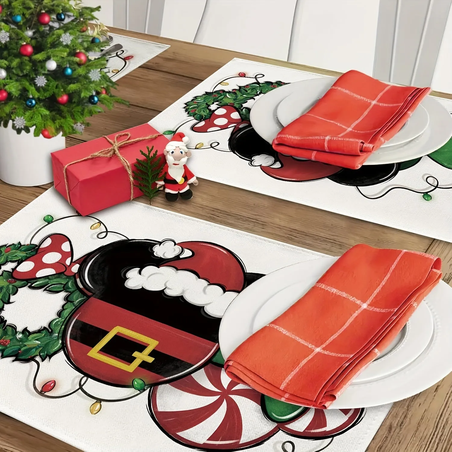 4pcs, Christmas Cartoon Mouse Santa Placemats Set of 4, Xmas Wreath Peppermint Candy Dining Place Mats Table Decor, Funny Holiday Home Kitchen Decoration 12 x 18 Inch