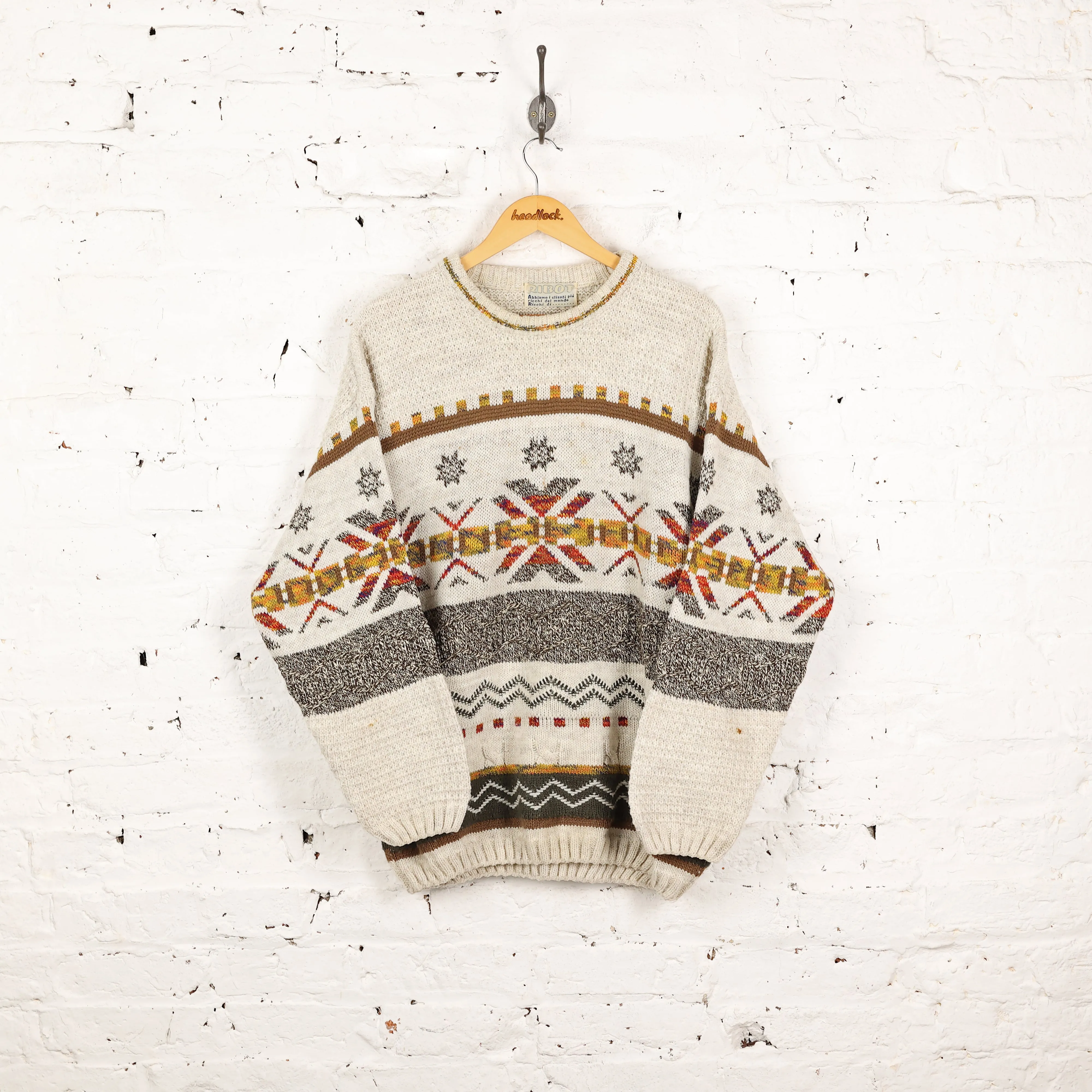 90s Pattern Knit Jumper - Beige - XL
