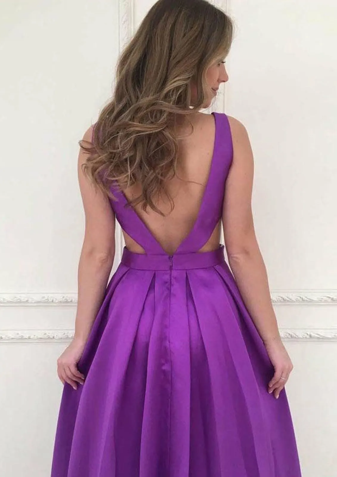 A-line V Neck Sleeveless Cut-out Floor-Length Purple Satin Prom Dress, Pleats