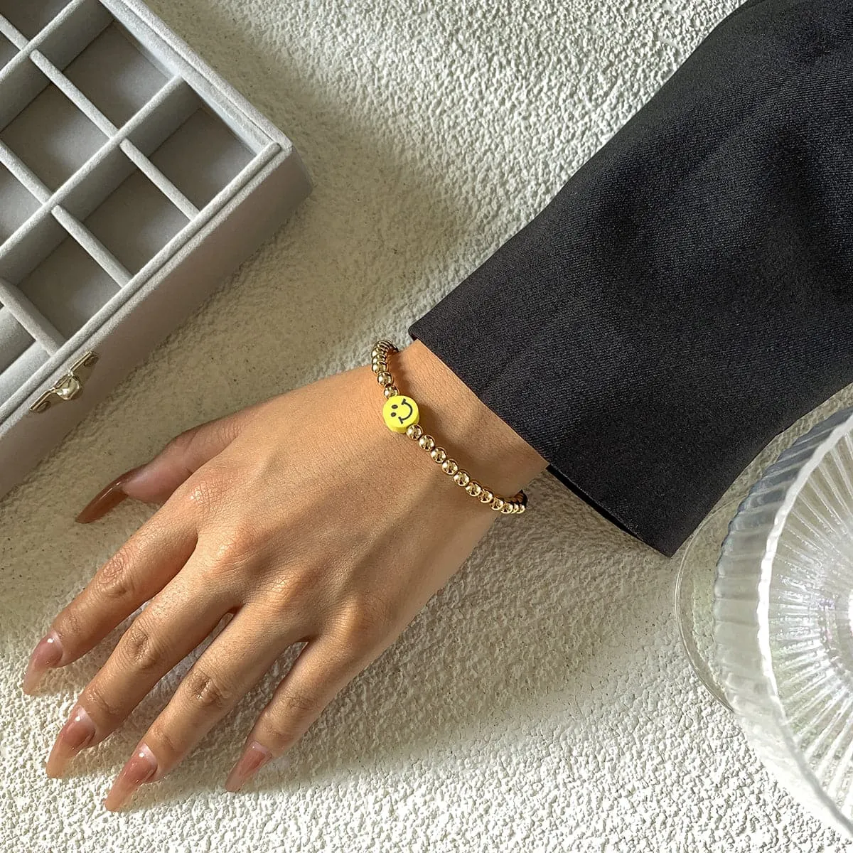 Acrylic & 18K Gold-Plated Smiley Charm Stretch Bracelet
