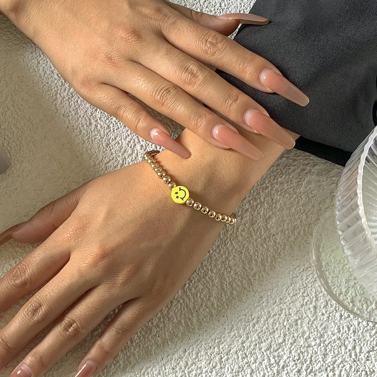 Acrylic & 18K Gold-Plated Smiley Charm Stretch Bracelet