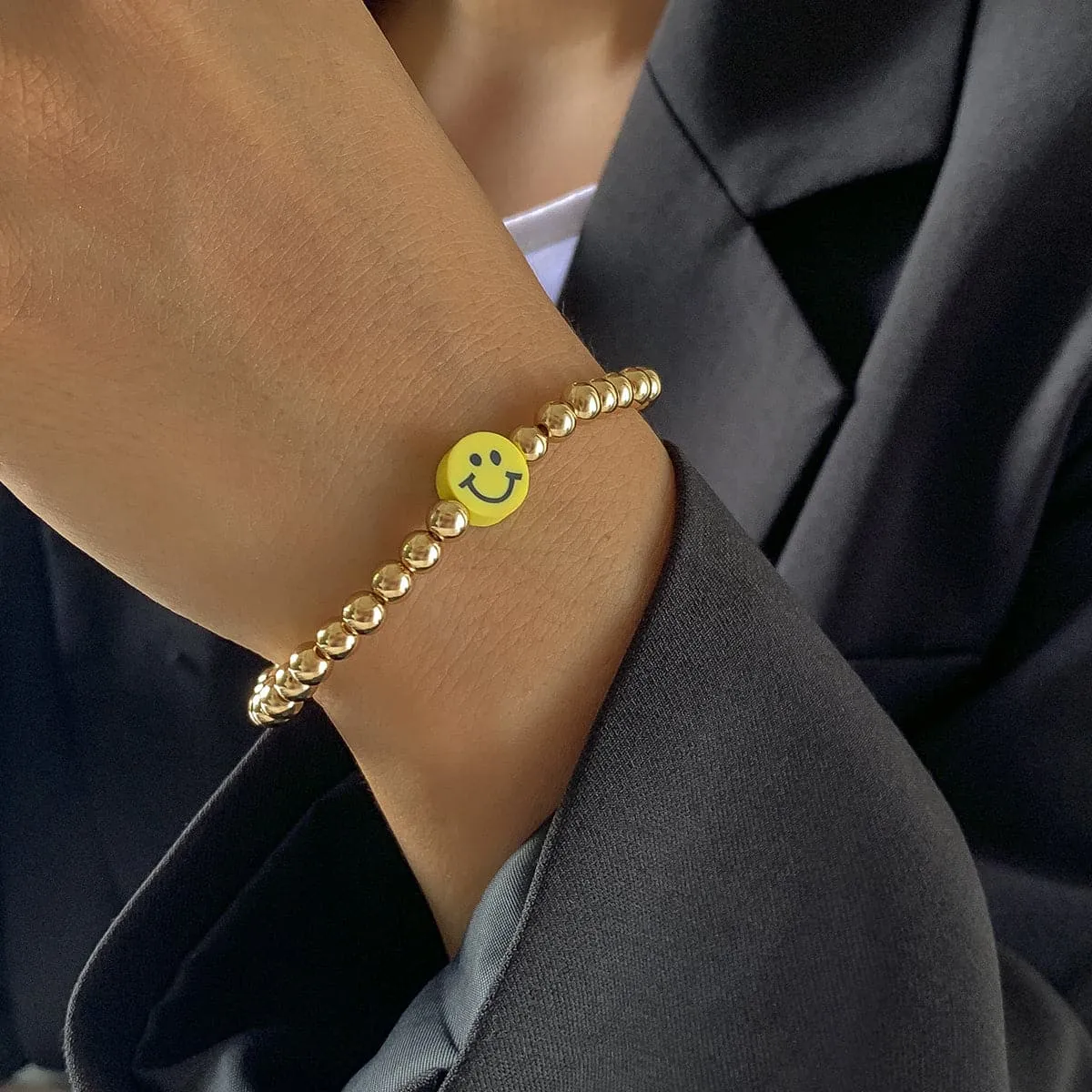 Acrylic & 18K Gold-Plated Smiley Charm Stretch Bracelet