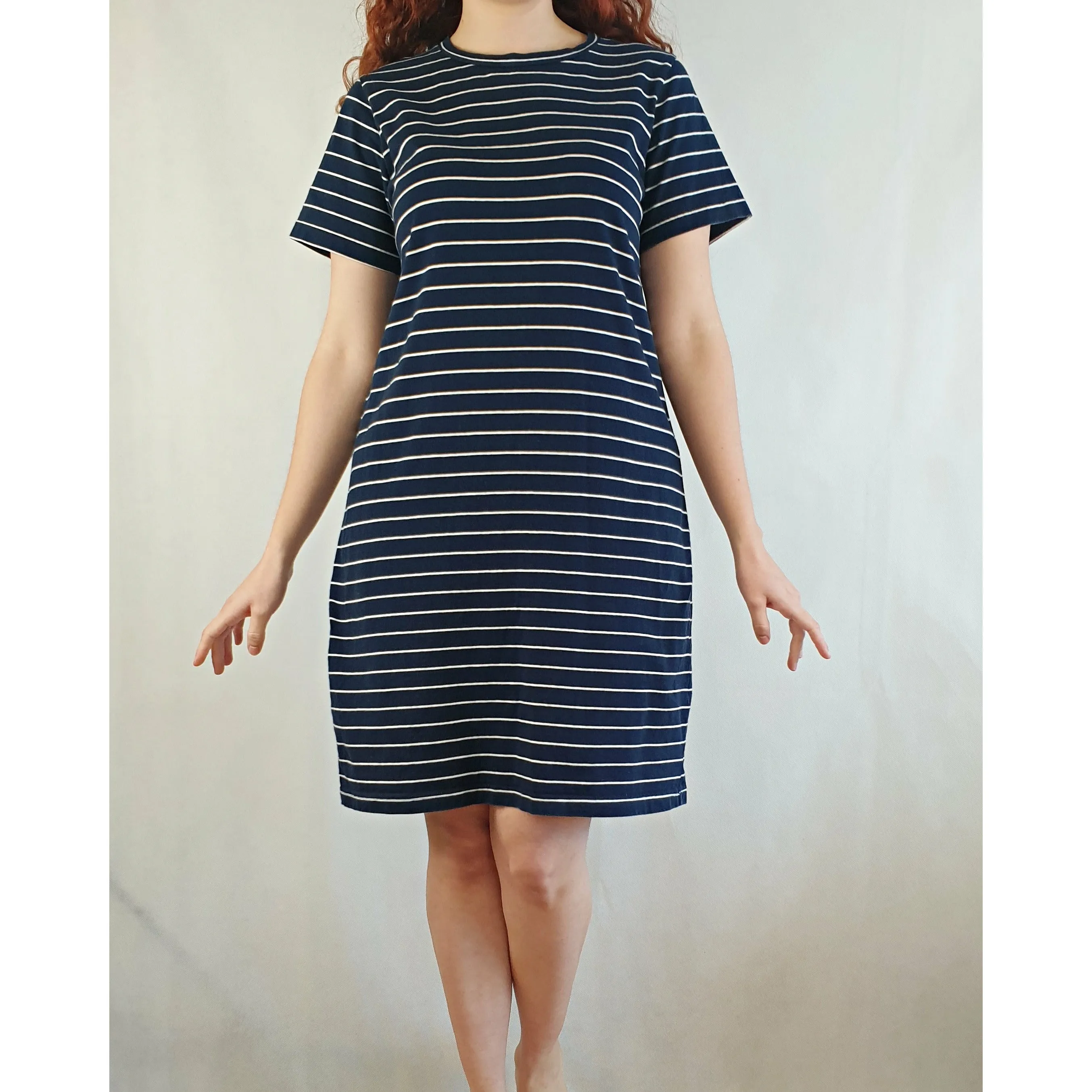 Alpha 60 second hand navy and white striped tee shirt dress size S (best fits size 10)