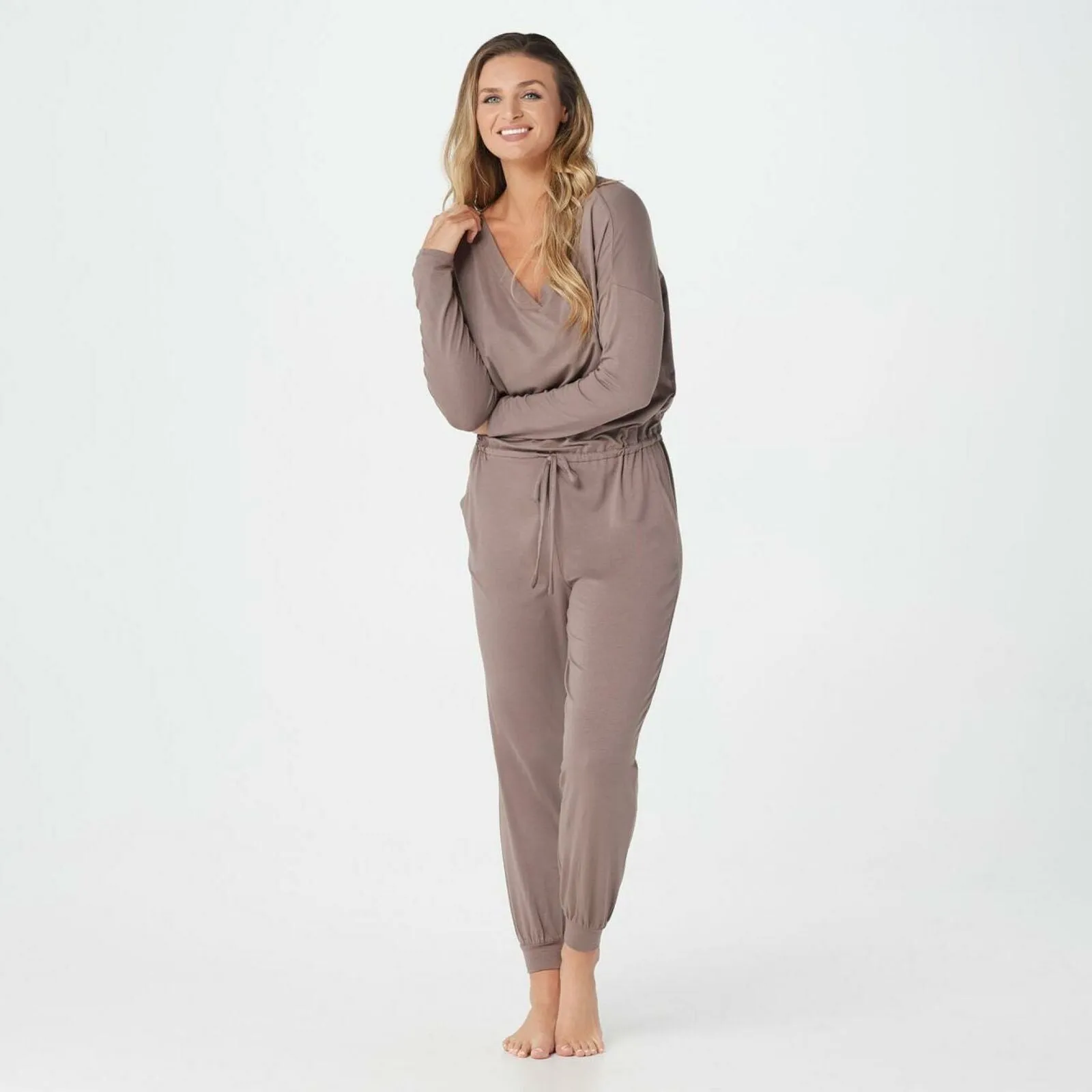 AnyBody Women's Cozy Knit Long Sleeve Jumpsuit Smokey Taupe XS