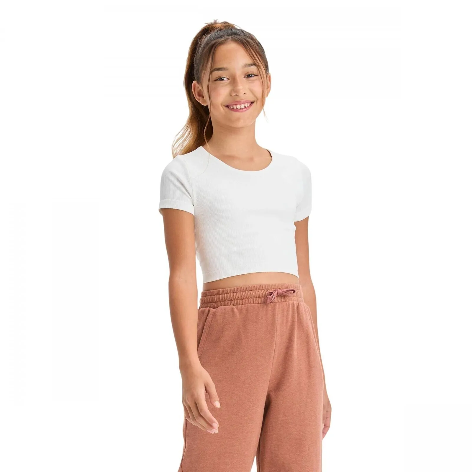 Art Class Girls Short Sleeve Scoop Neck Seamless Cropped Top 89736362 White S