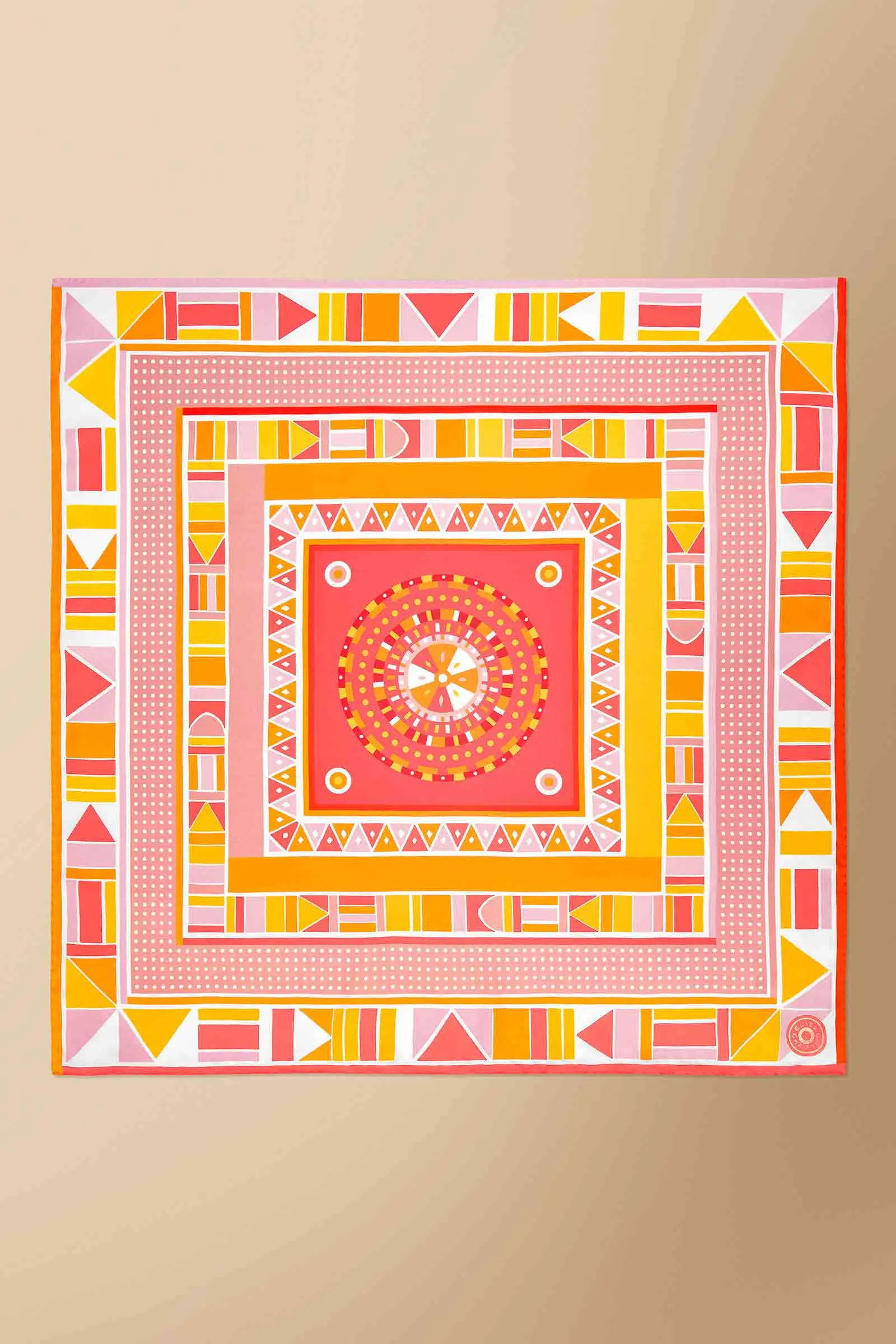 Beadwork Printed Silk Twill Scarf in Orange