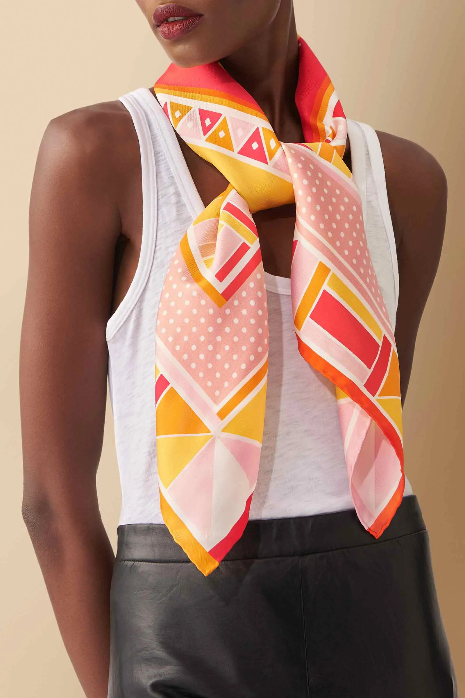 Beadwork Printed Silk Twill Scarf in Orange