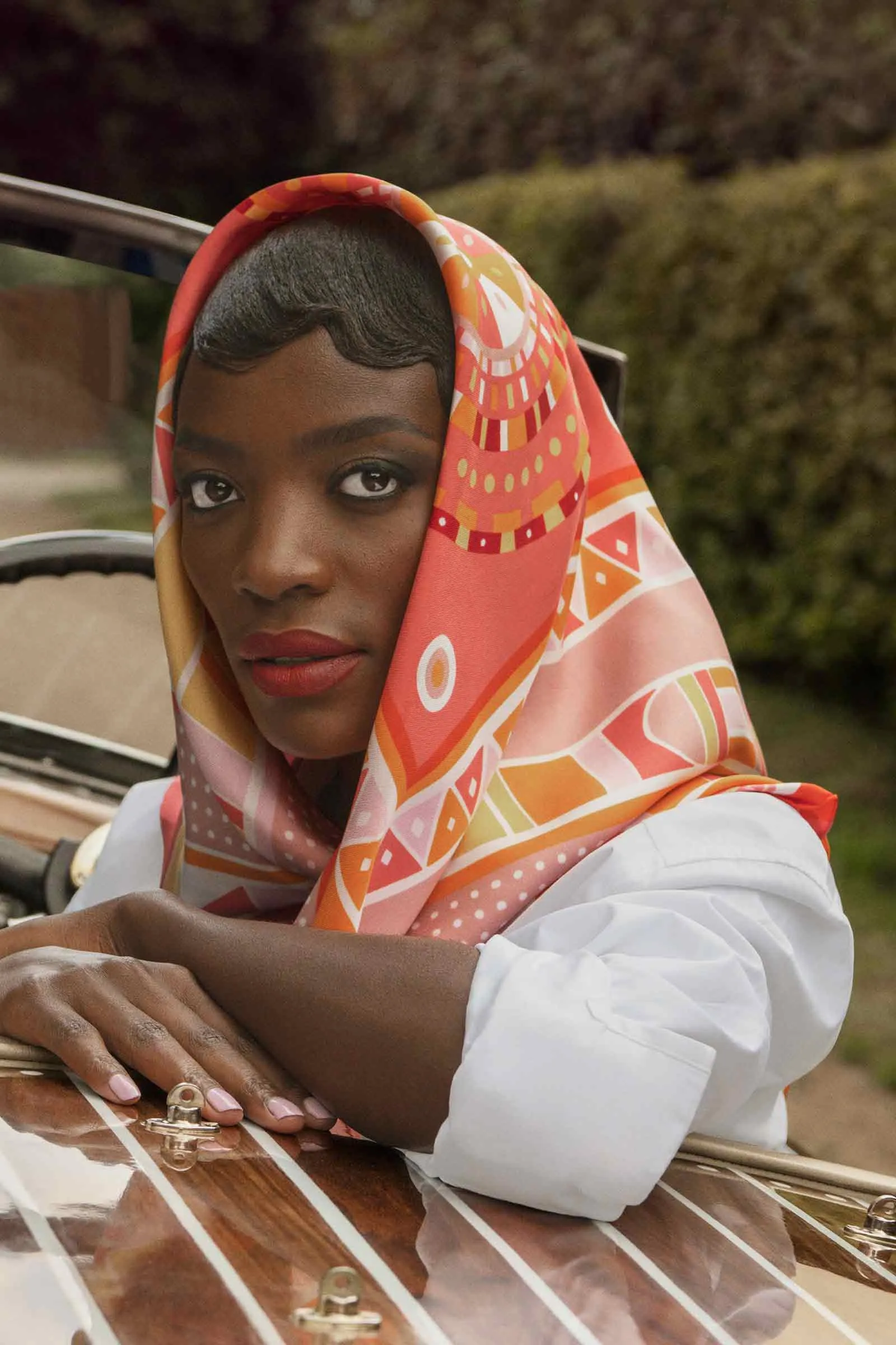 Beadwork Printed Silk Twill Scarf in Orange