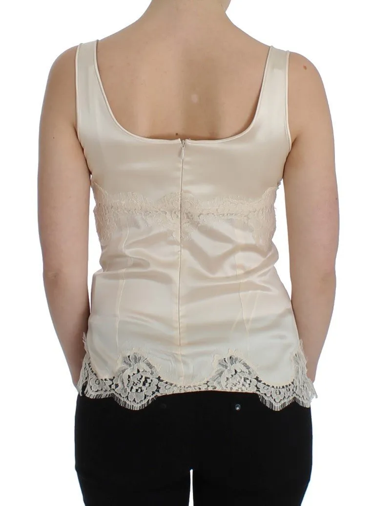 Beige Silk Stretch Lace Tank Top T-shirt