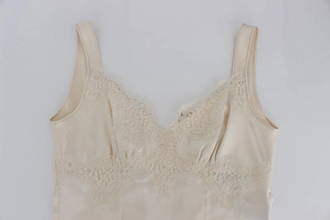 Beige Silk Stretch Lace Tank Top T-shirt