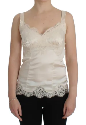 Beige Silk Stretch Lace Tank Top T-shirt