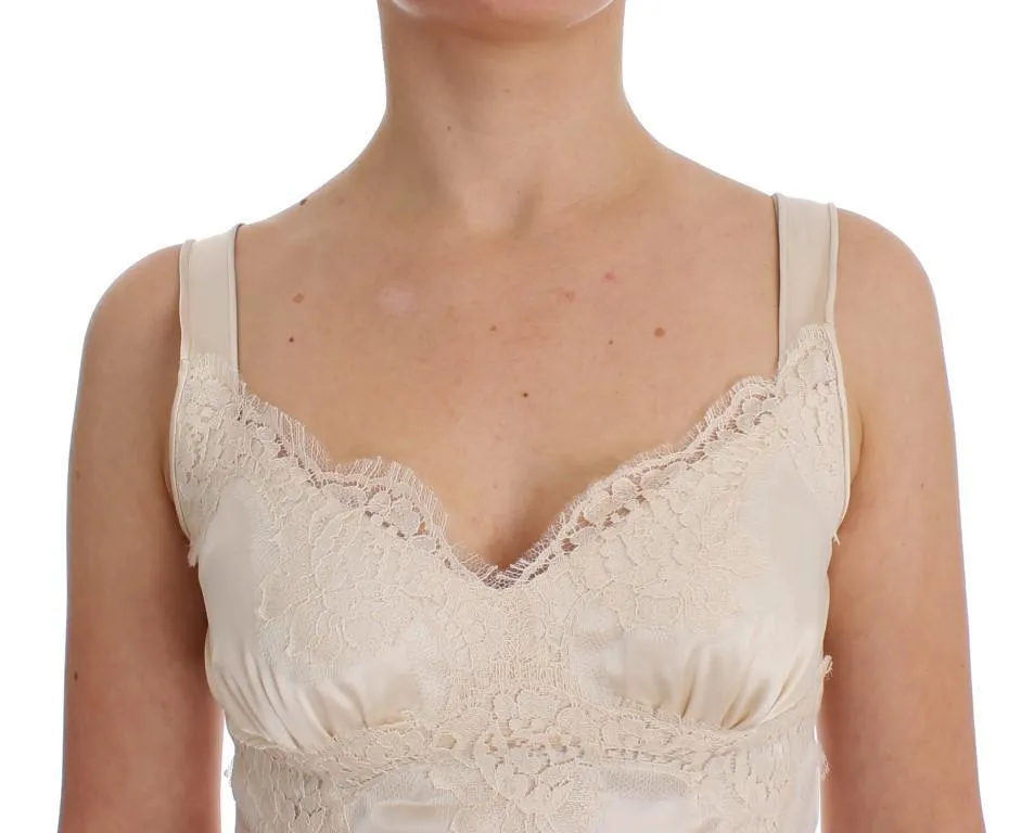 Beige Silk Stretch Lace Tank Top T-shirt