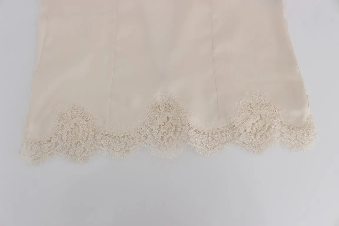 Beige Silk Stretch Lace Tank Top T-shirt