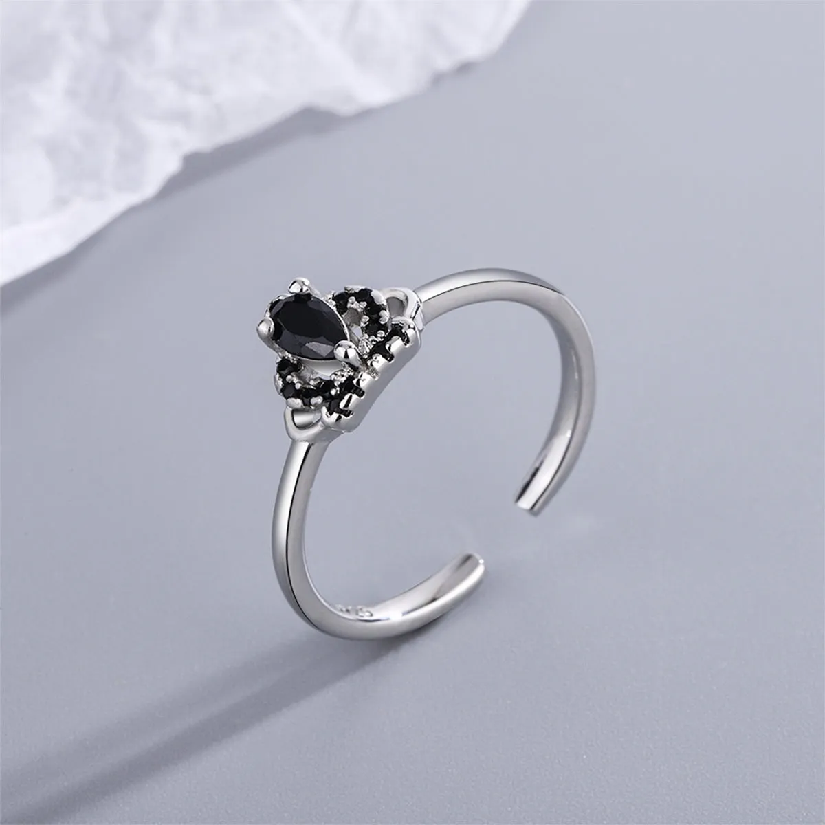 Black Cubic Zirconia & Silver-Plated Crown Open Ring