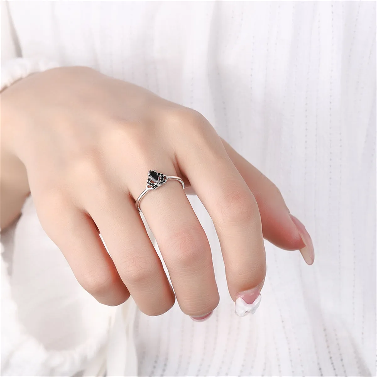 Black Cubic Zirconia & Silver-Plated Crown Open Ring