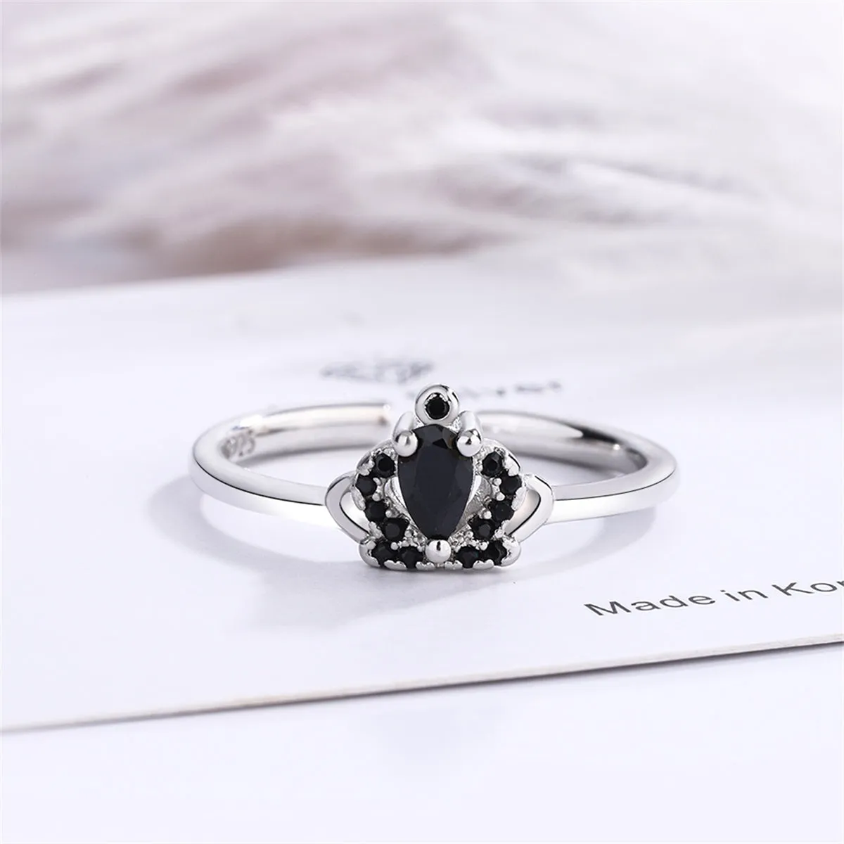 Black Cubic Zirconia & Silver-Plated Crown Open Ring