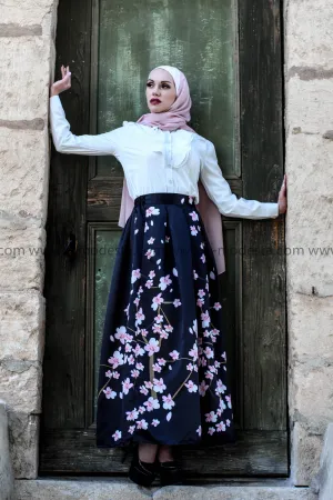 Black Maxi Ball Gown Skirt with Pink Flowers