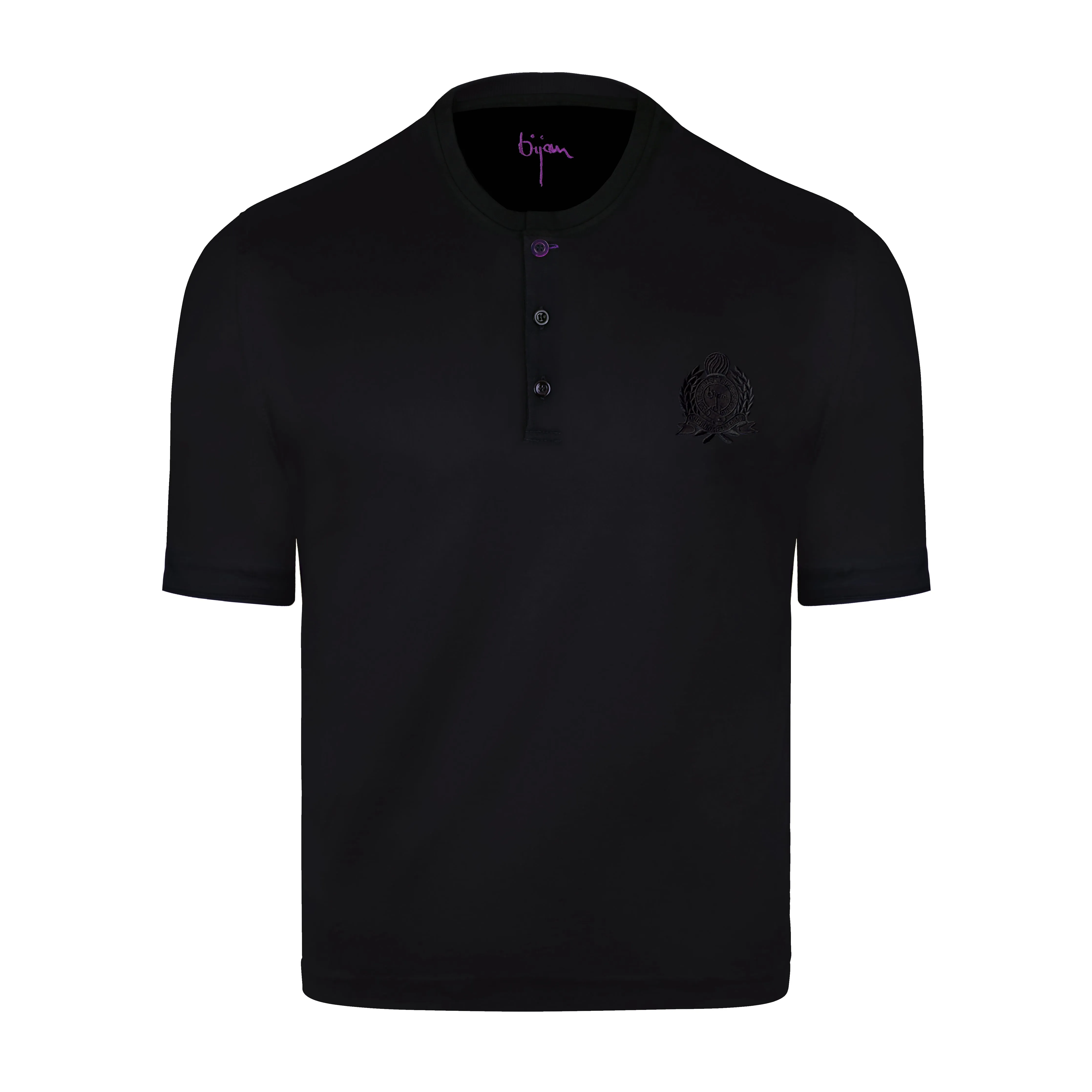 Black Round Neck Short Sleeve T-Shirt with 3 Buttons