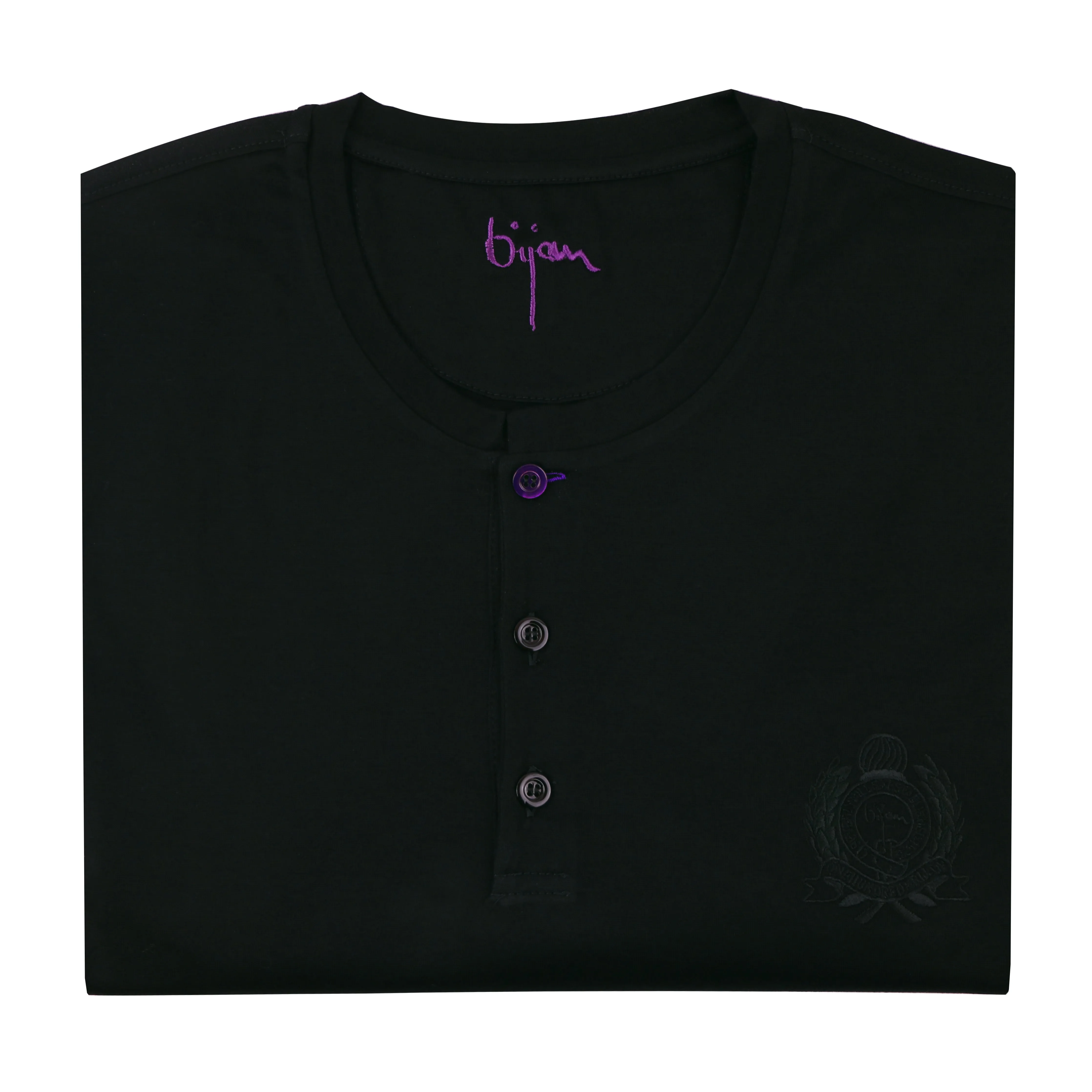 Black Round Neck Short Sleeve T-Shirt with 3 Buttons