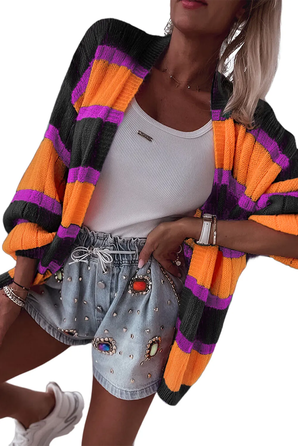 Black Striped Colorblock Drop Shoulder Slouchy Cardigan
