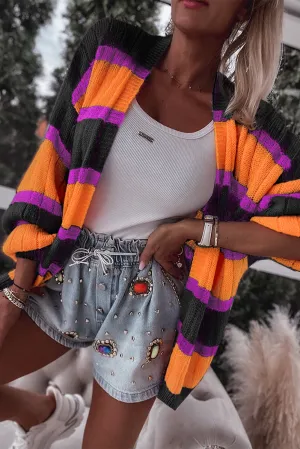 Black Striped Colorblock Drop Shoulder Slouchy Cardigan