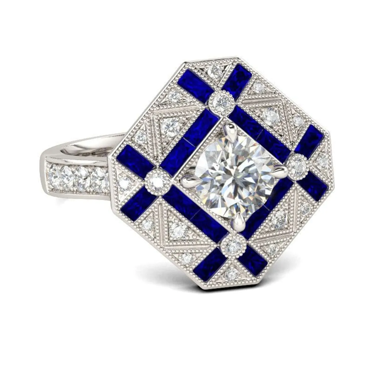 Blue Crystal & Cubic Zirconia Silver-Plated Shield Ring