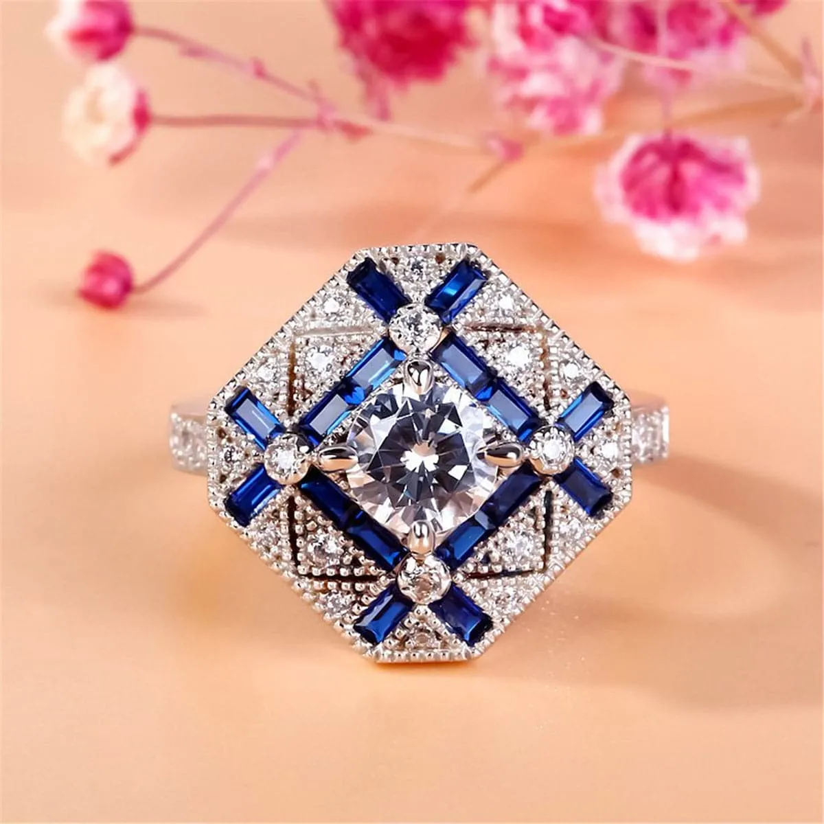 Blue Crystal & Cubic Zirconia Silver-Plated Shield Ring