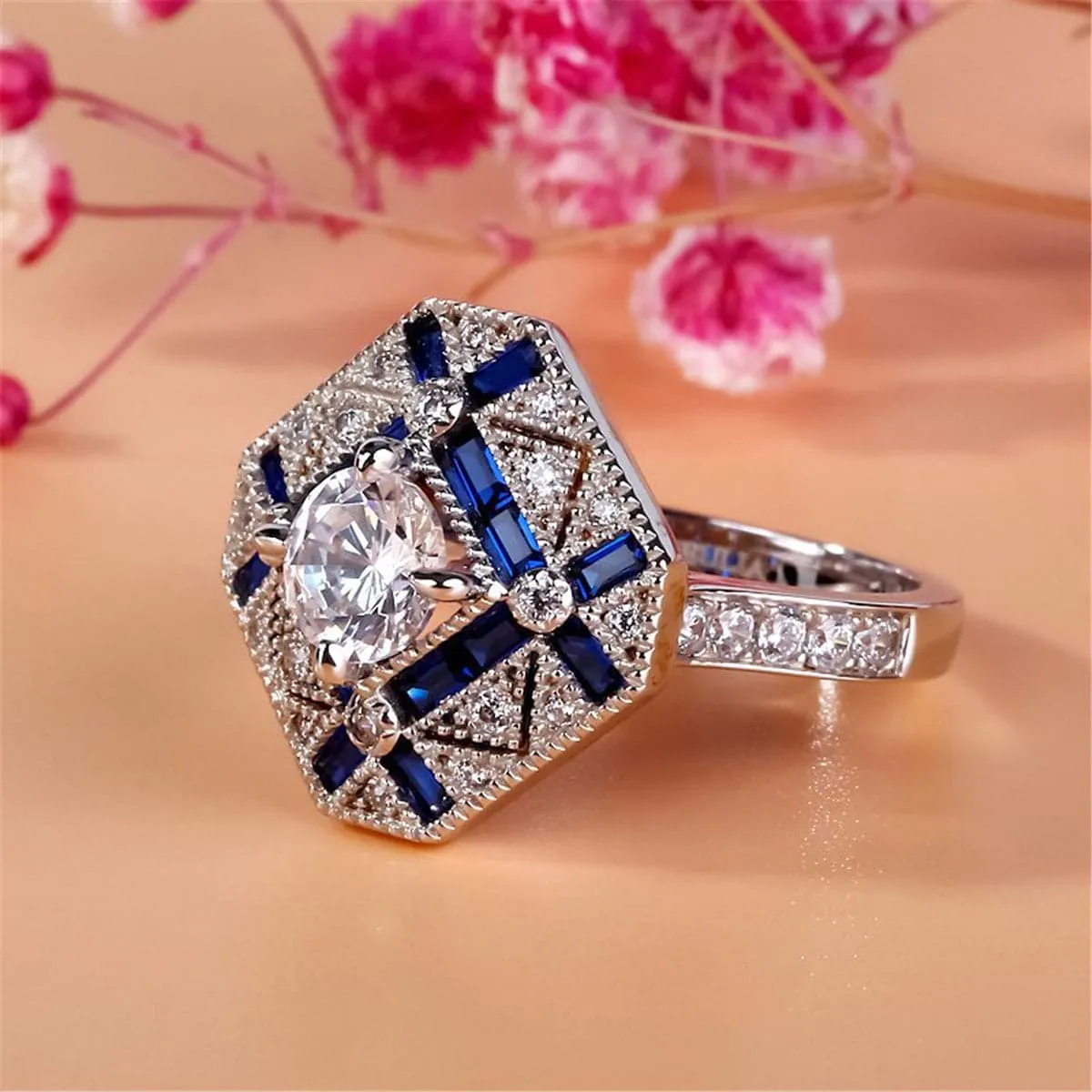 Blue Crystal & Cubic Zirconia Silver-Plated Shield Ring
