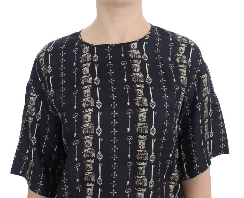 Blue Key Castle Print Silk Blouse T-shirt