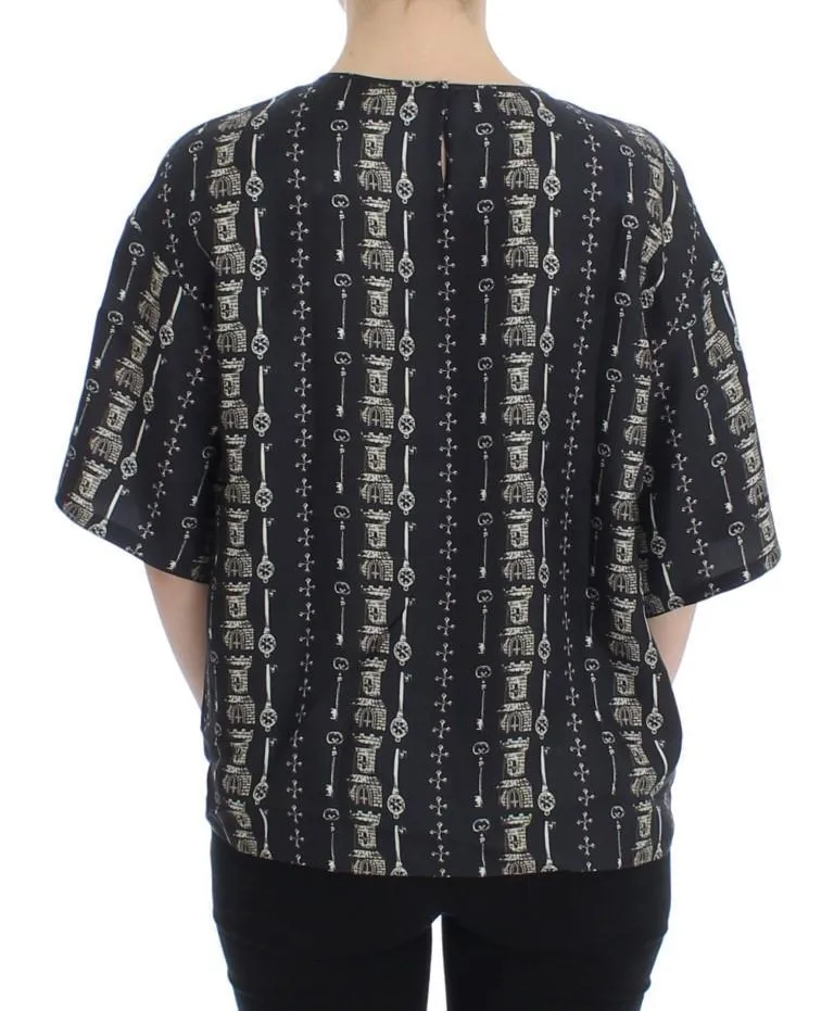 Blue Key Castle Print Silk Blouse T-shirt