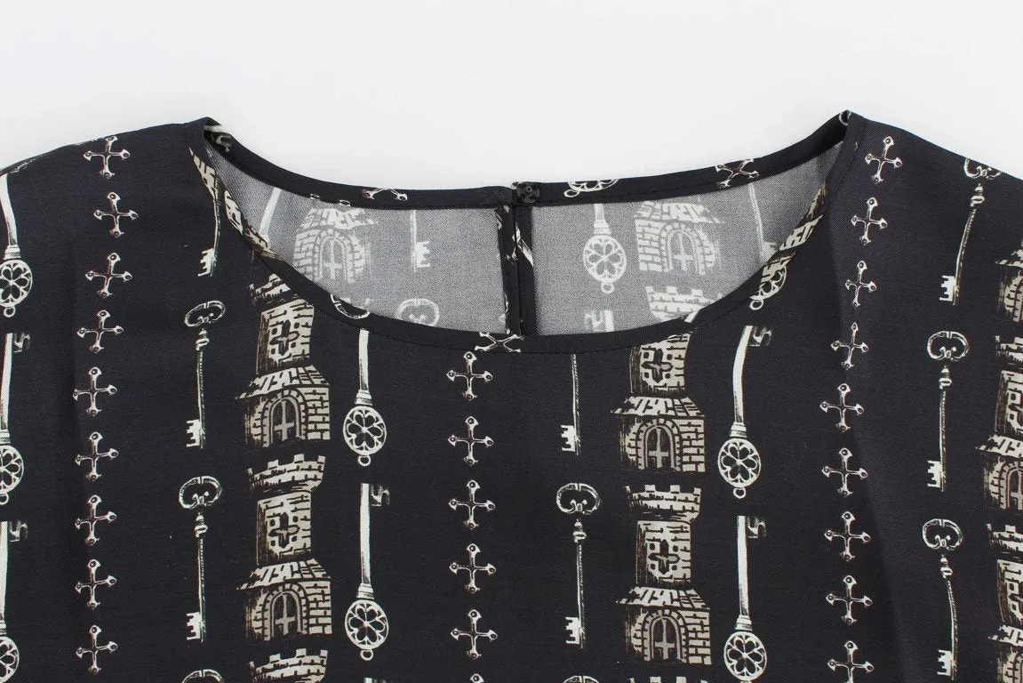 Blue Key Castle Print Silk Blouse T-shirt