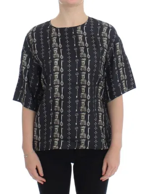 Blue Key Castle Print Silk Blouse T-shirt