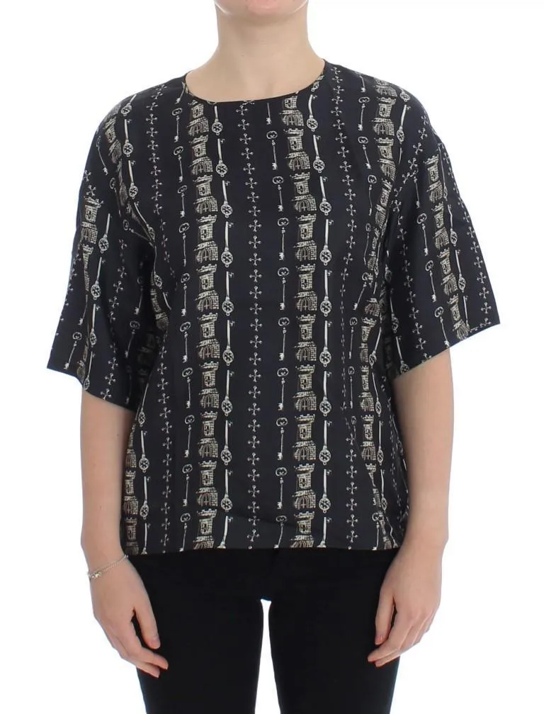 Blue Key Castle Print Silk Blouse T-shirt